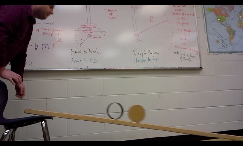 A ring will always lose to a disk of the same mass and radius, as rotational inertia depends on where the mass is located